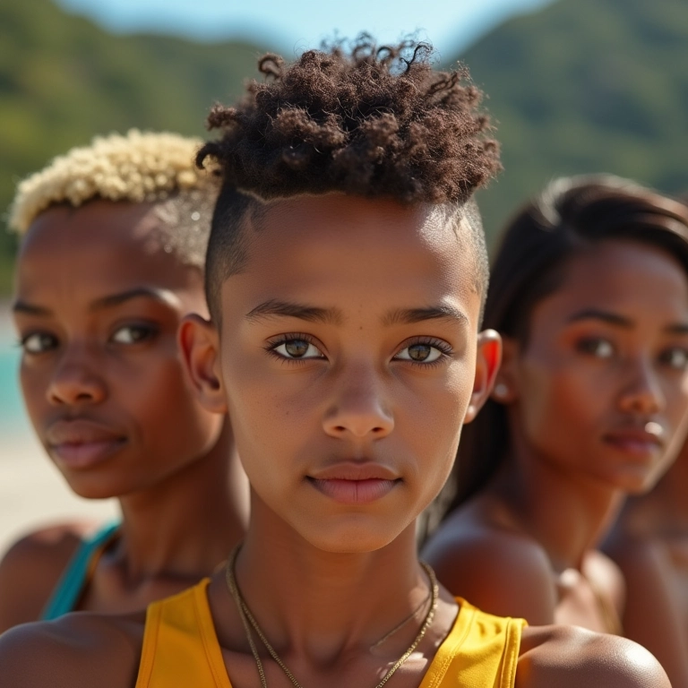 Mulheres diversas exibindo cortes de cabelo curtos e raspados em cenário brasileiro vibrante.