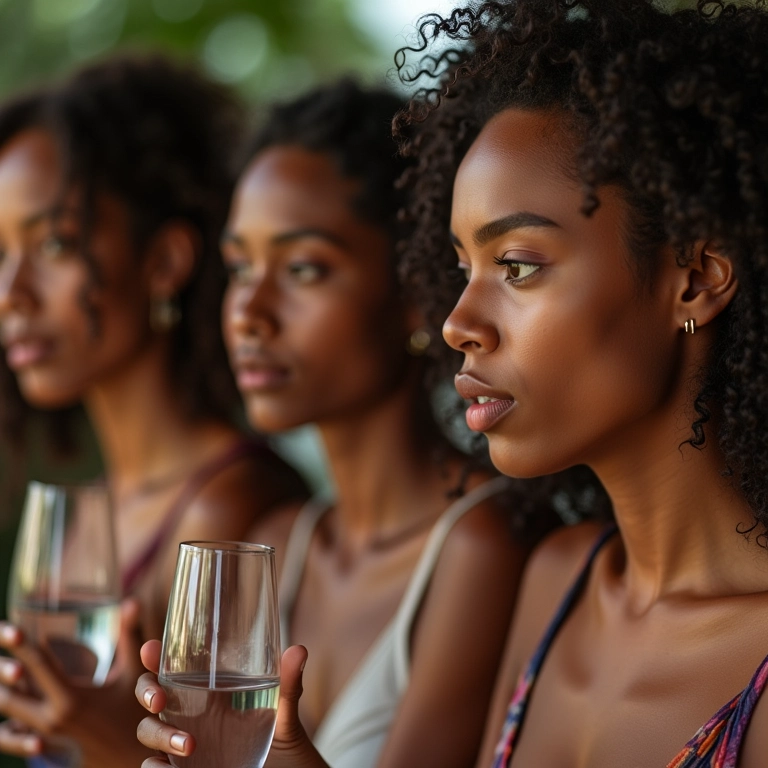 Mulheres diversas testando a porosidade do cabelo com copo d'água.