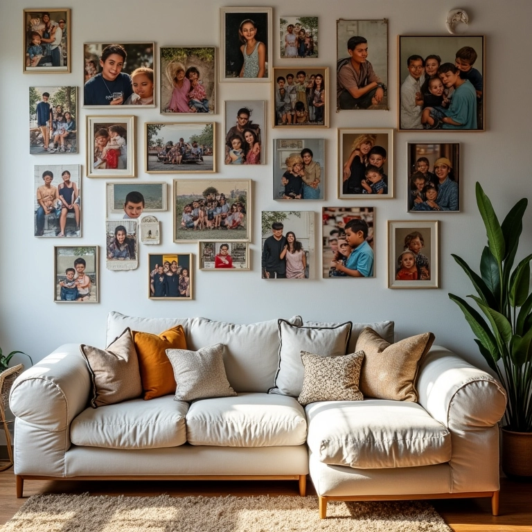 Mural de fotos e lembranças em parede decorada.