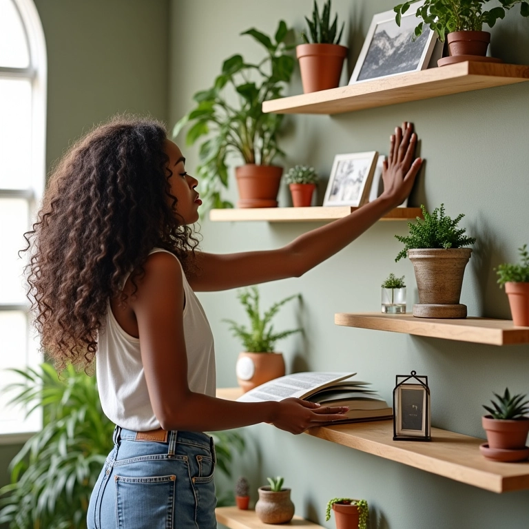 Nichos e prateleiras arredondadas exibindo plantas e decoração. Mulher cacheada pegando livro.