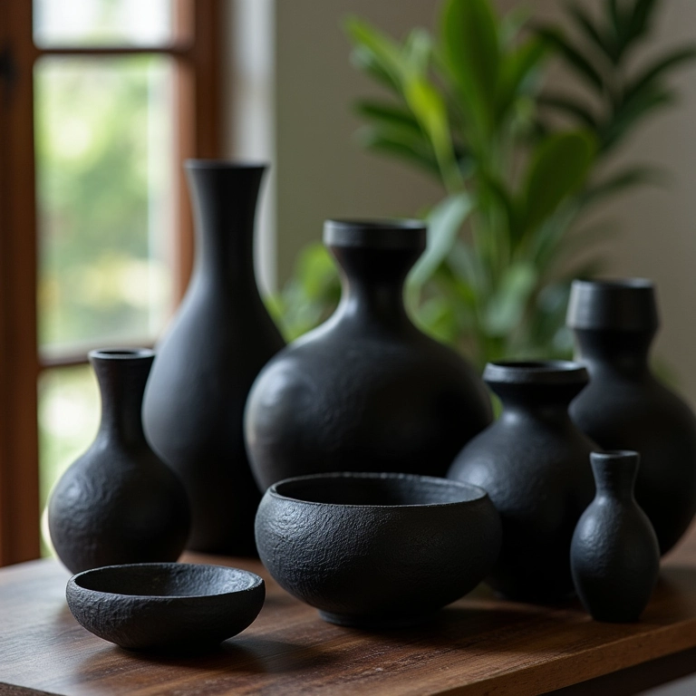 Objetos de decoração pretos em uma estante.