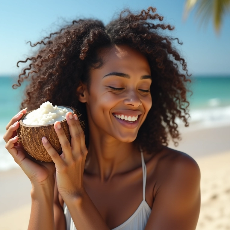 Óleo de coco como leave-in natural para proteção e brilho.