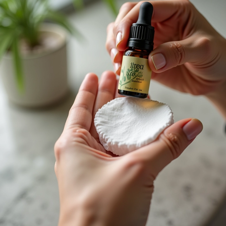 Óleo de melaleuca (tea tree) sendo aplicado para combater a infecção da foliculite.