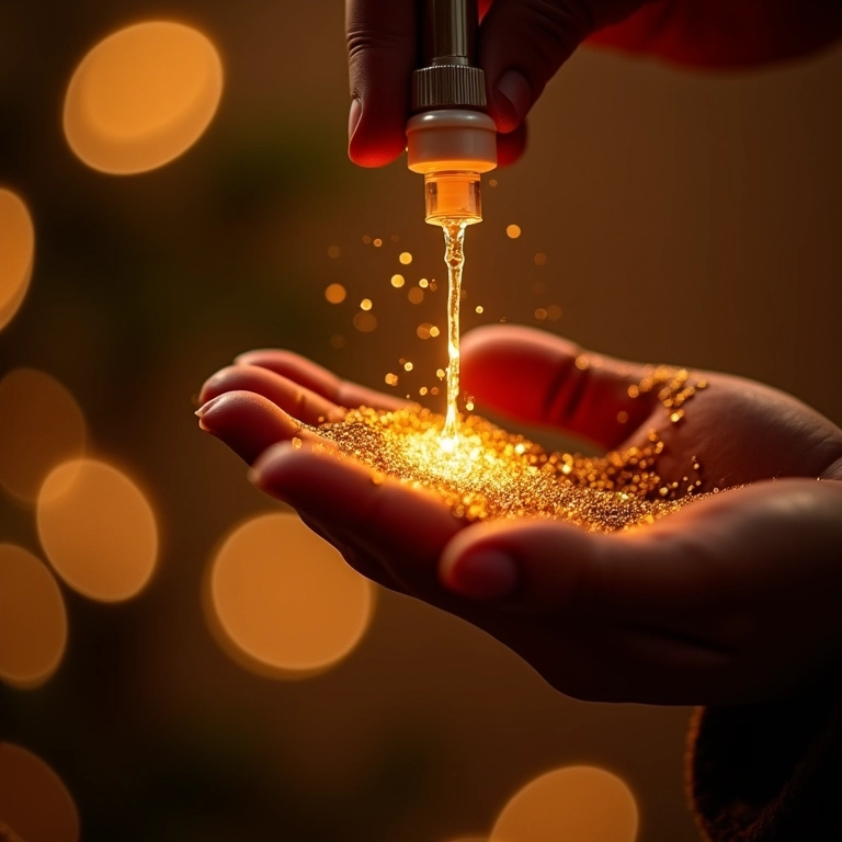 Óleo iluminador com partículas douradas sendo aplicado.