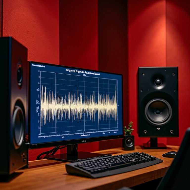 Painéis de tratamento acústico em estúdio e gráfico de resposta de frequência.