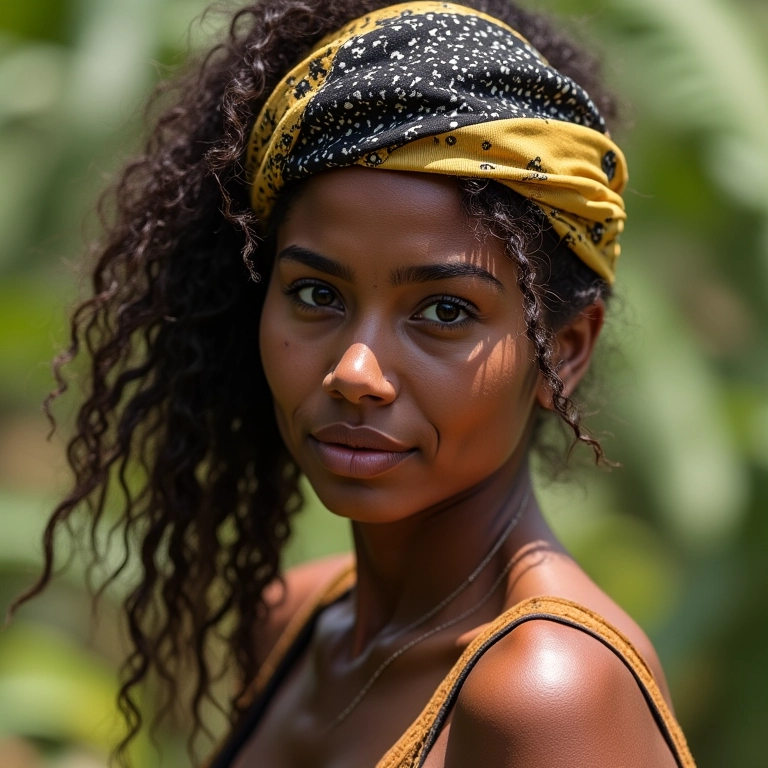 Penteado com lenço estampado em mulher brasileira.
