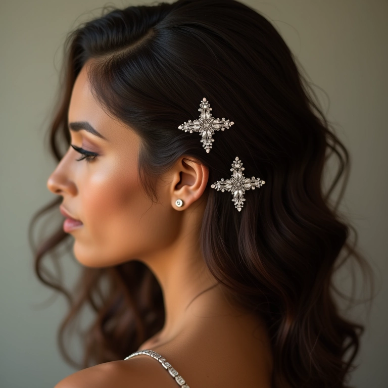Penteado com presilhas de strass em cabelo brasileiro.