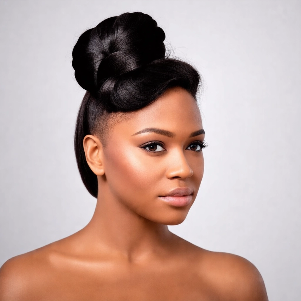 Penteado com volume no topo para rosto redondo, elegante.