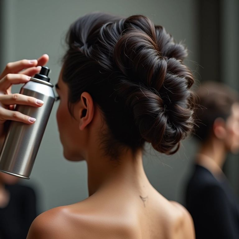 Penteado elaborado sendo finalizado com spray fixador de fixação extra.