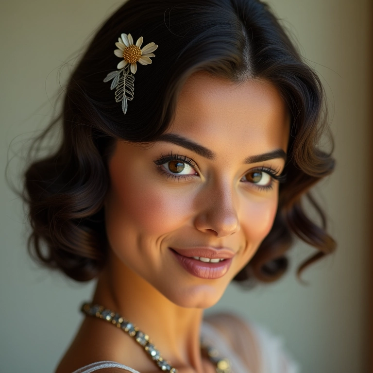 Penteado vintage com grampos decorativos à mostra.