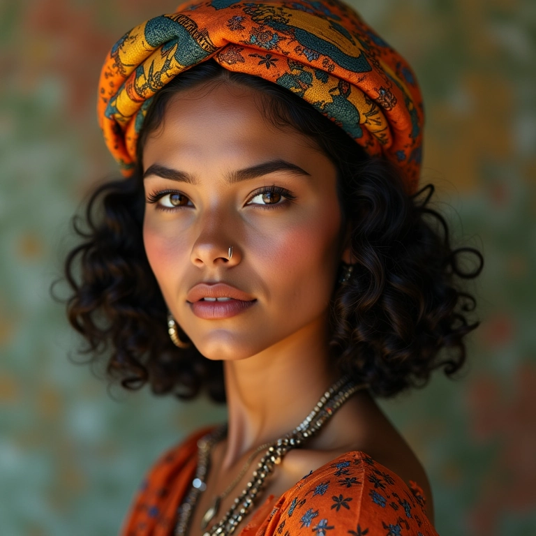 Penteado vintage com turbante colorido, estilo boêmio.