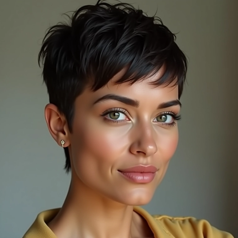 Pixie cut ousado em mulher brasileira com rosto oval.