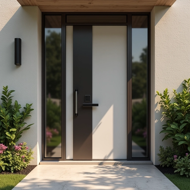Porta da frente moderna com fechadura inteligente, segurança e design.