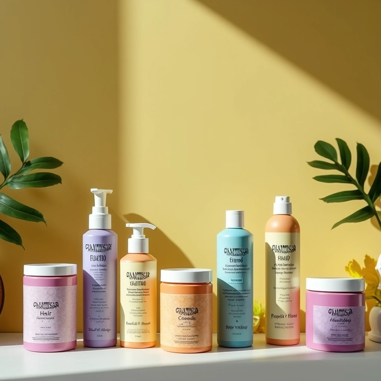 Potes de produtos acidificantes para cabelo em prateleira de banheiro moderno.