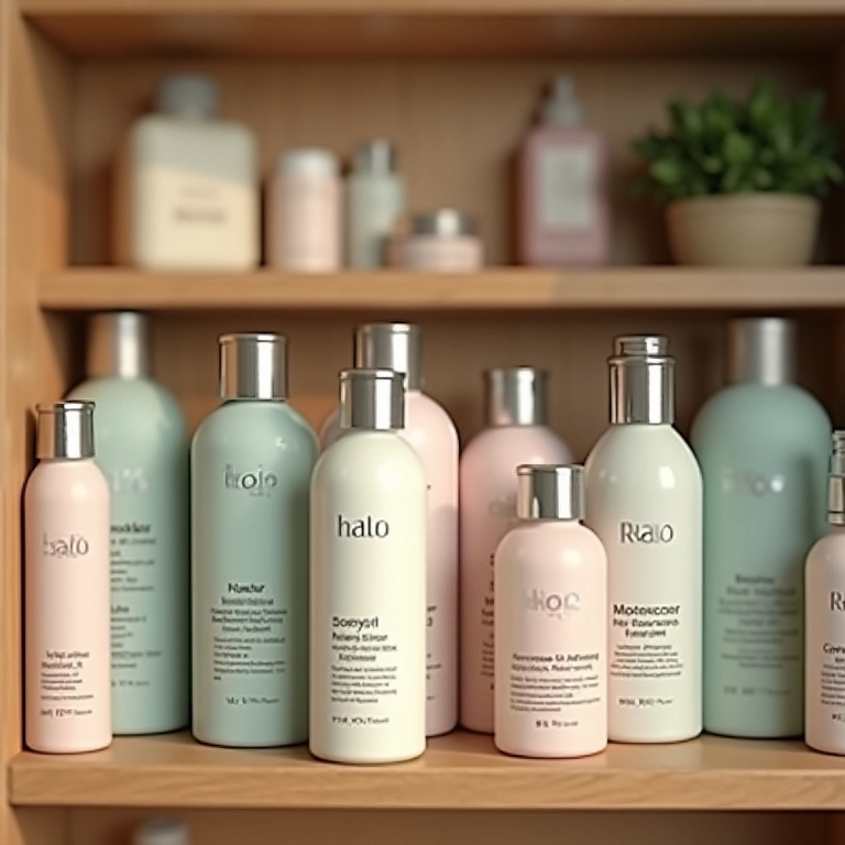 Prateleira com diversos produtos de qualidade para cabelo.