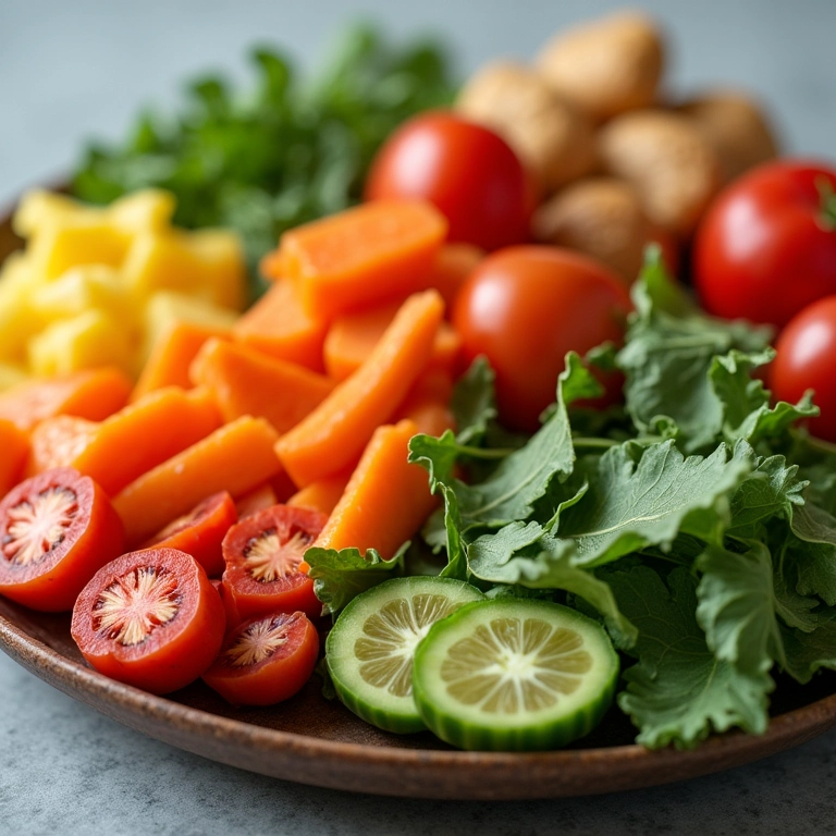 Prato colorido com alimentos saudáveis para os cabelos.