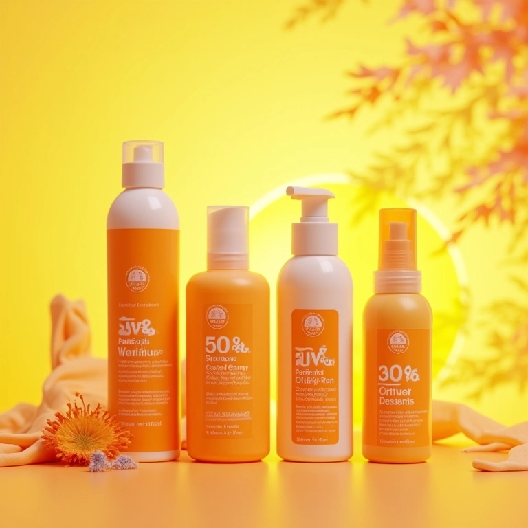 Produtos capilares com proteção UV em fundo ensolarado.