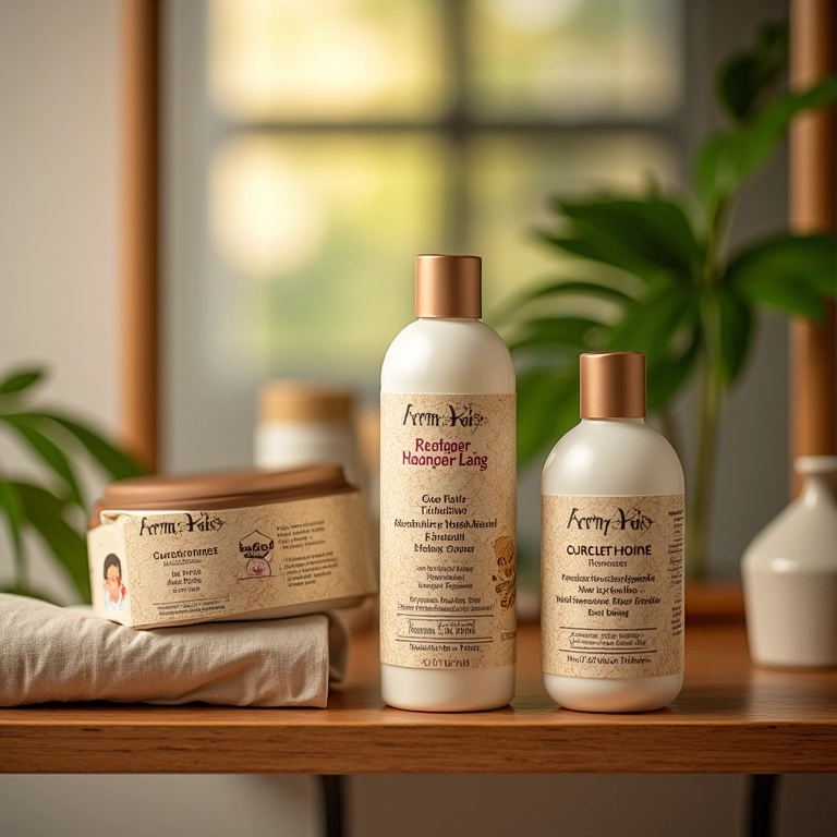 Produtos para cabelo cacheado em prateleira de madeira.