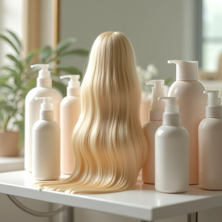 Produtos para cronograma capilar de cabelo loiro expostos.