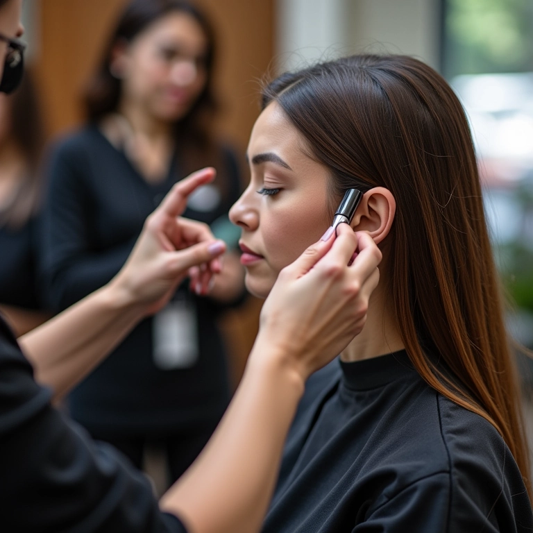 Profissional aplicando acidificante em salão de beleza.