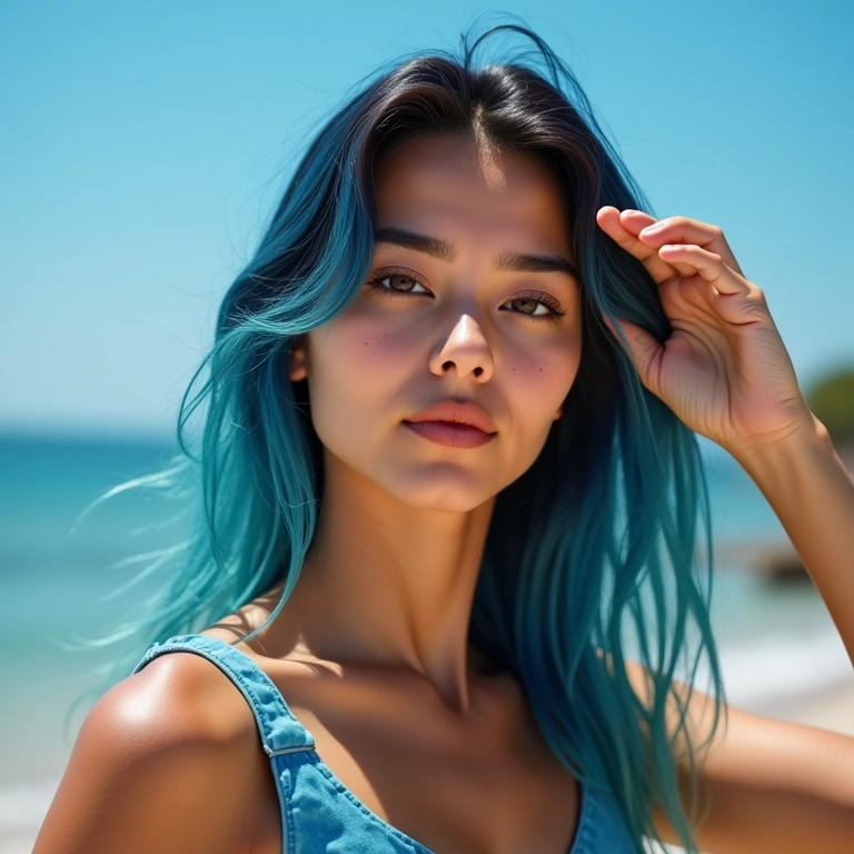 Proteção solar para cabelo preto azulado.
