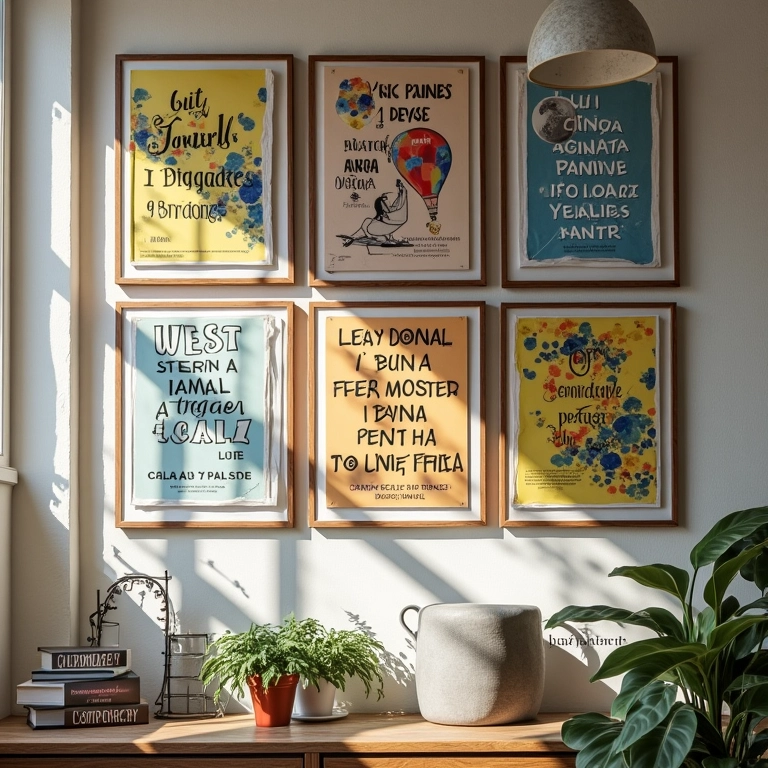 Quadros e pôsteres com frases inspiradoras na parede.