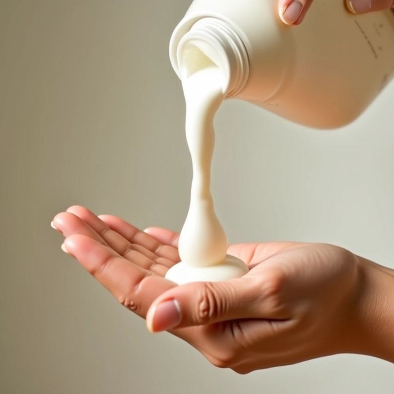Quantidade ideal de shampoo sendo despejada na mão.