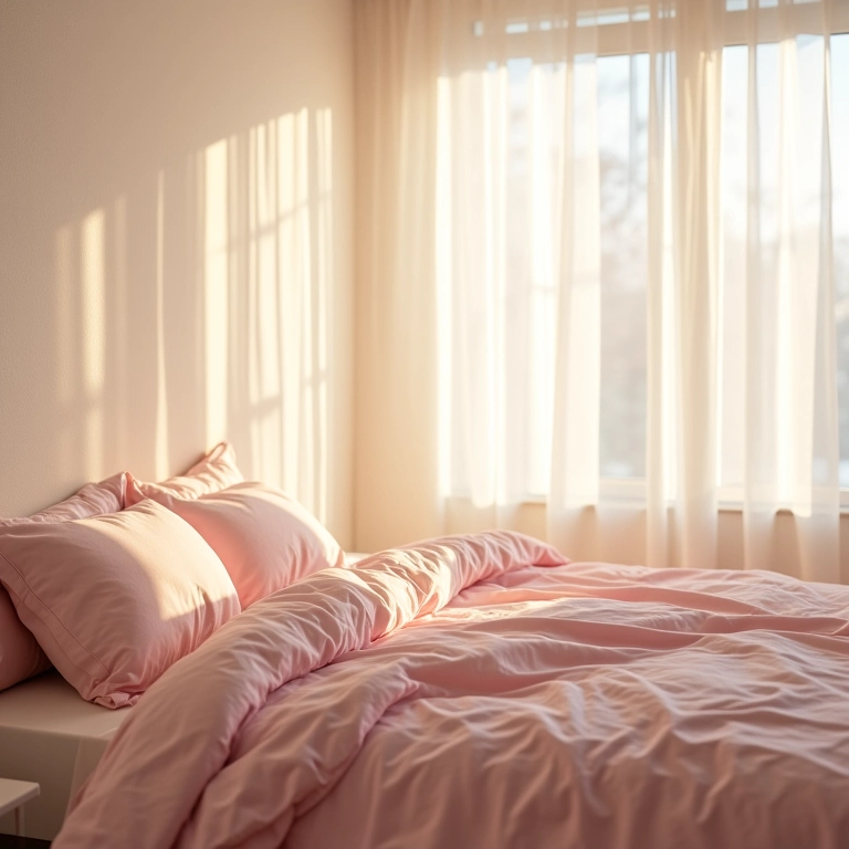 Quarto aconchegante com roupa de cama em tons pastel e iluminação suave.