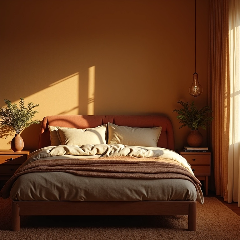 Quarto com iluminação estratégica realçando os espaços.