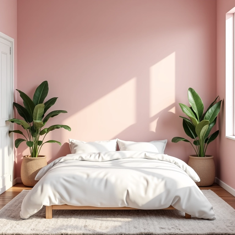 Quarto com paredes rosa pastel, móveis brancos e decoração brasileira.