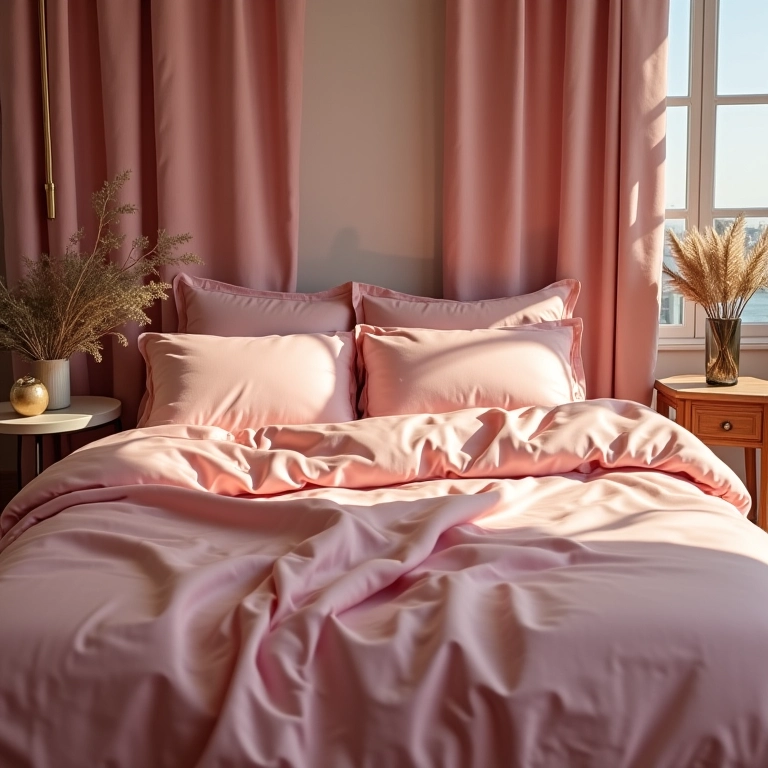 Quarto com tecidos de seda e cetim refletindo a luz.