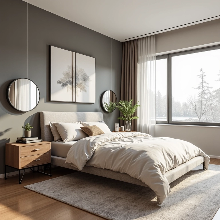 Quarto moderno com móveis com acabamento espelhado.