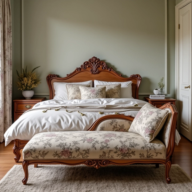 Quarto vintage com cama de madeira entalhada e chaise longue floral.