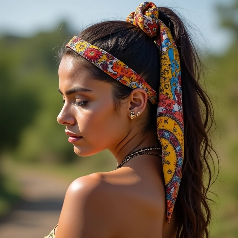 Rabo de cavalo com lenço colorido, estilo boho chic.
