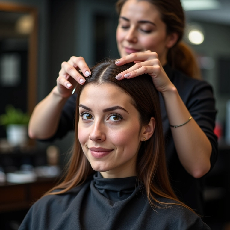 Reconstrução capilar profissional realizada em um salão de beleza.