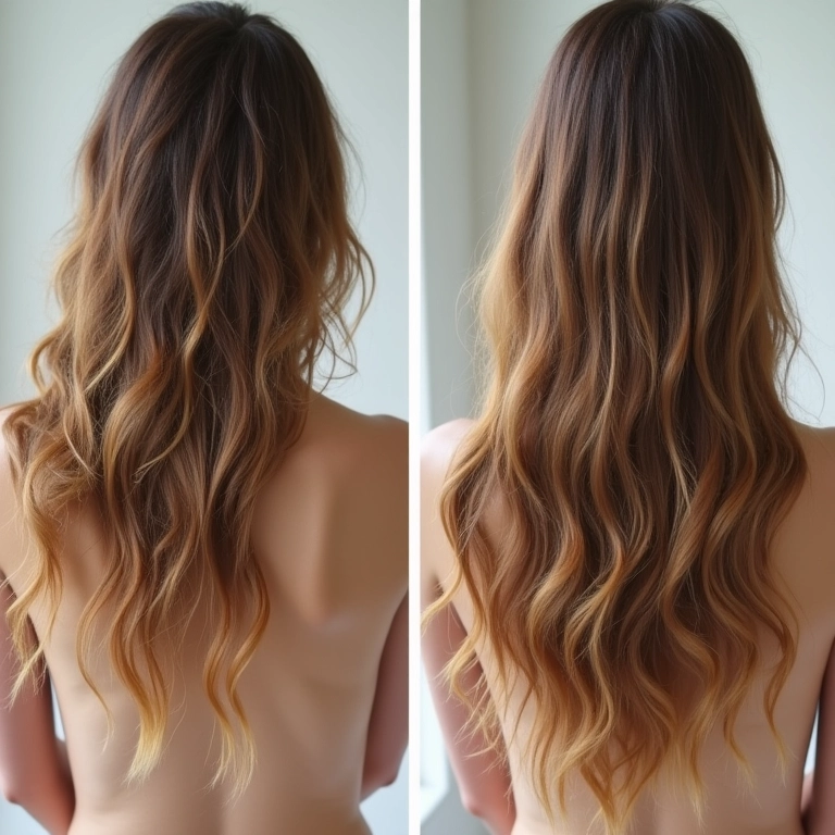 Redução do frizz com vinagre de maçã, antes e depois.
