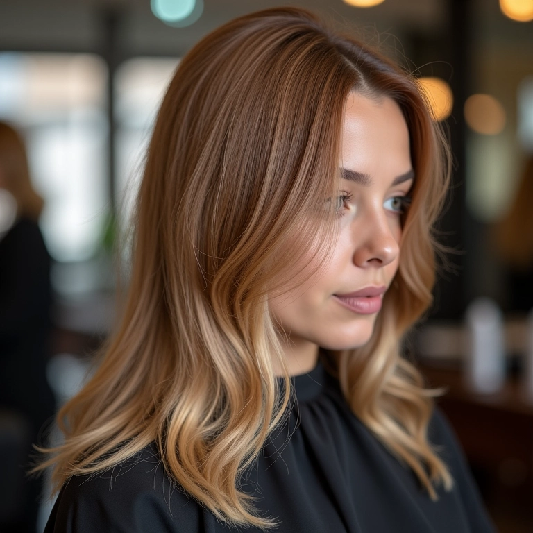 Retoque da cor do cabelo loiro caramelo em salão de beleza.