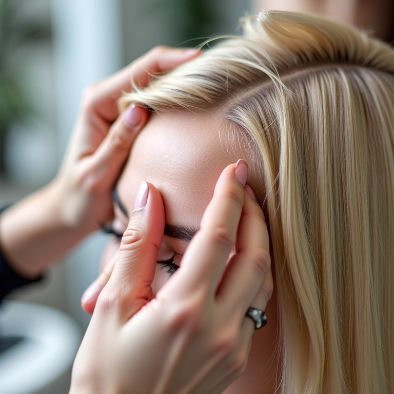 Retoque da raiz do cabelo loiro em salão.