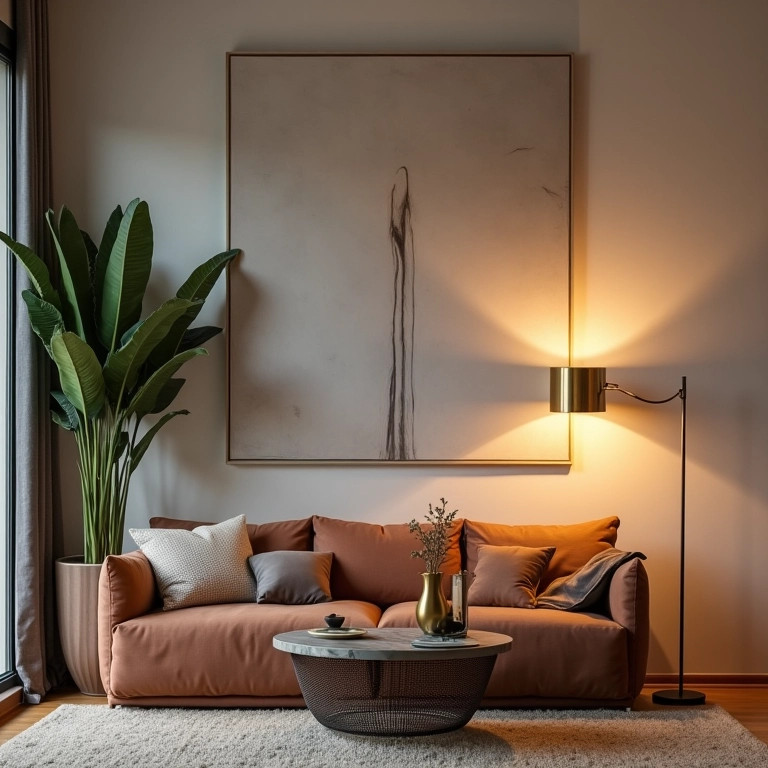 Sala de estar com luminárias e objetos decorativos metalizados.
