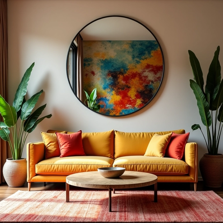 Sala de estar com parede espelhada refletindo a decoração colorida.