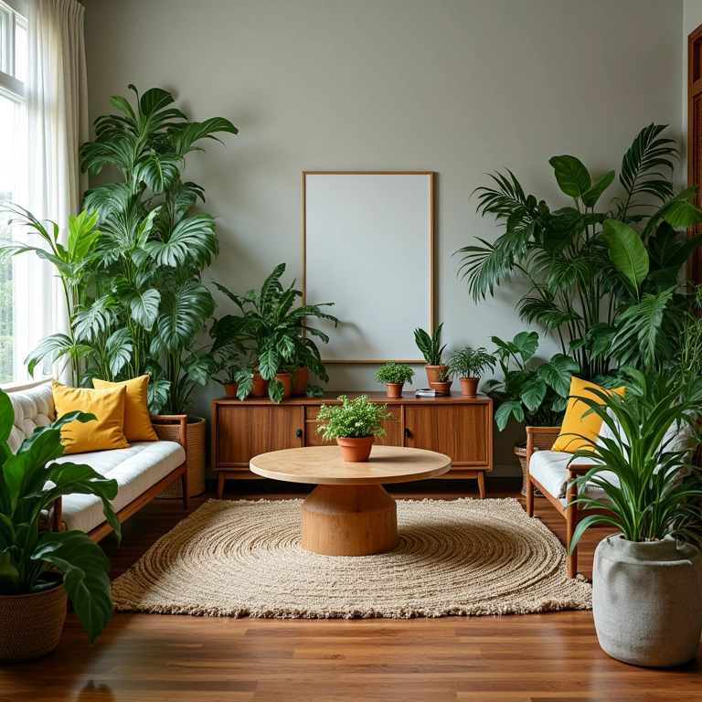 Sala de estar com plantas trazendo vida e cor.