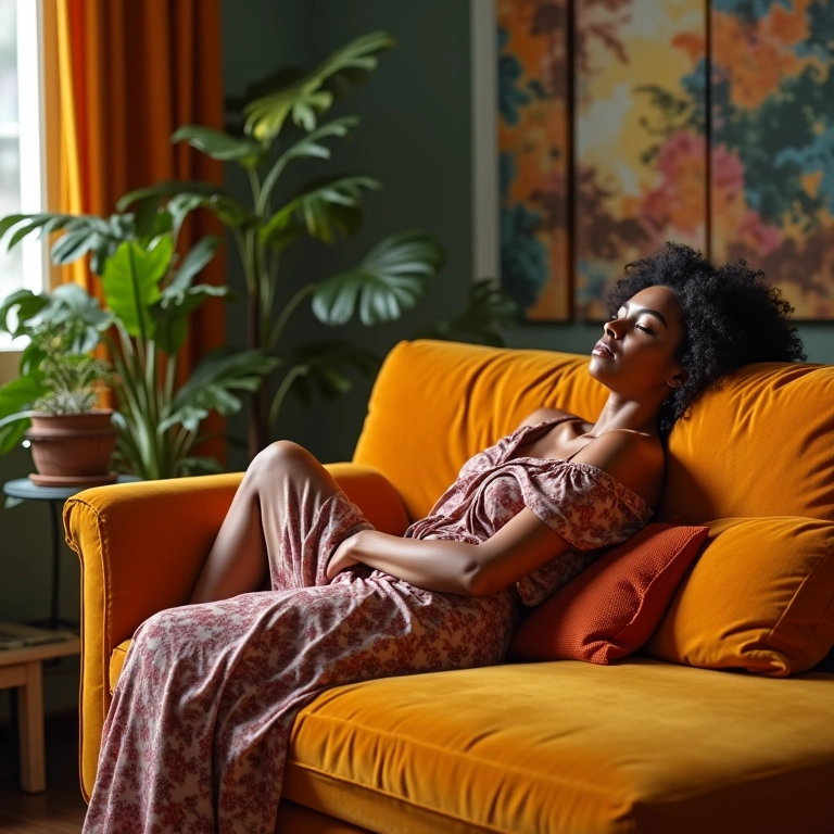 Sala de estar com sofá curvo e mulher cacheada relaxando. Design brasileiro e cores vibrantes.
