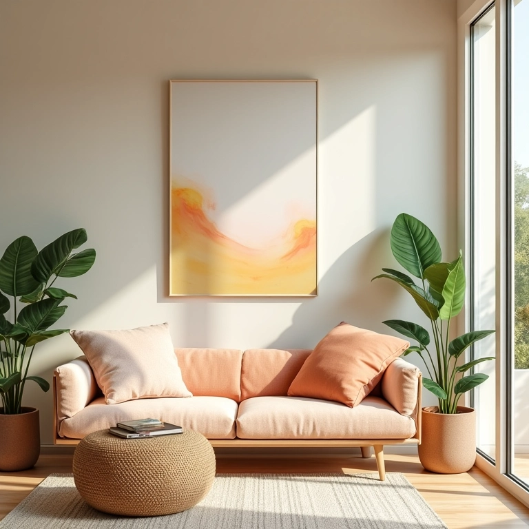 Sala de estar com toques de cores claras e móveis vibrantes em estilo brasileiro.