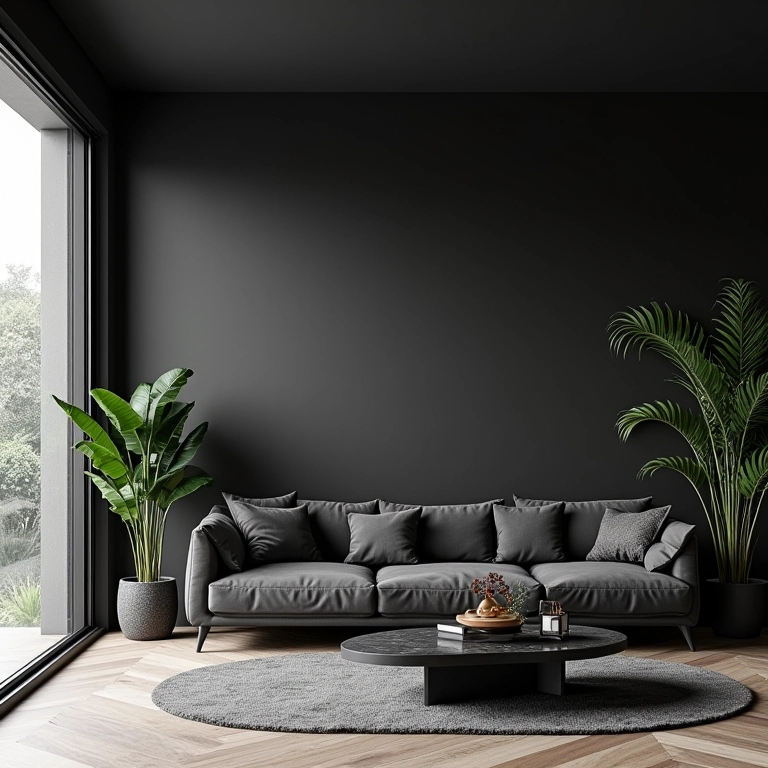 Sala de estar com toques de preto e design brasileiro.