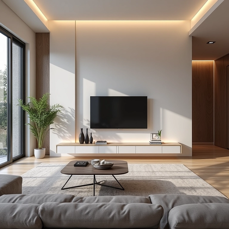 Sala de estar moderna com móveis e acessórios de acrílico.