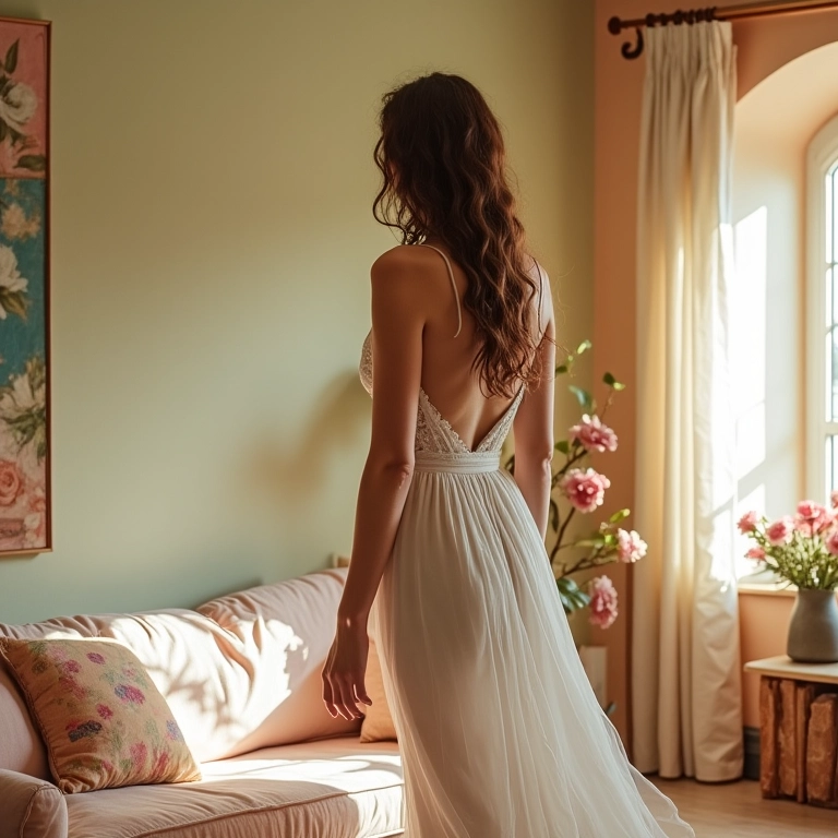 Sala de estar romântica com detalhes florais e mulher vestida em estilo delicado.