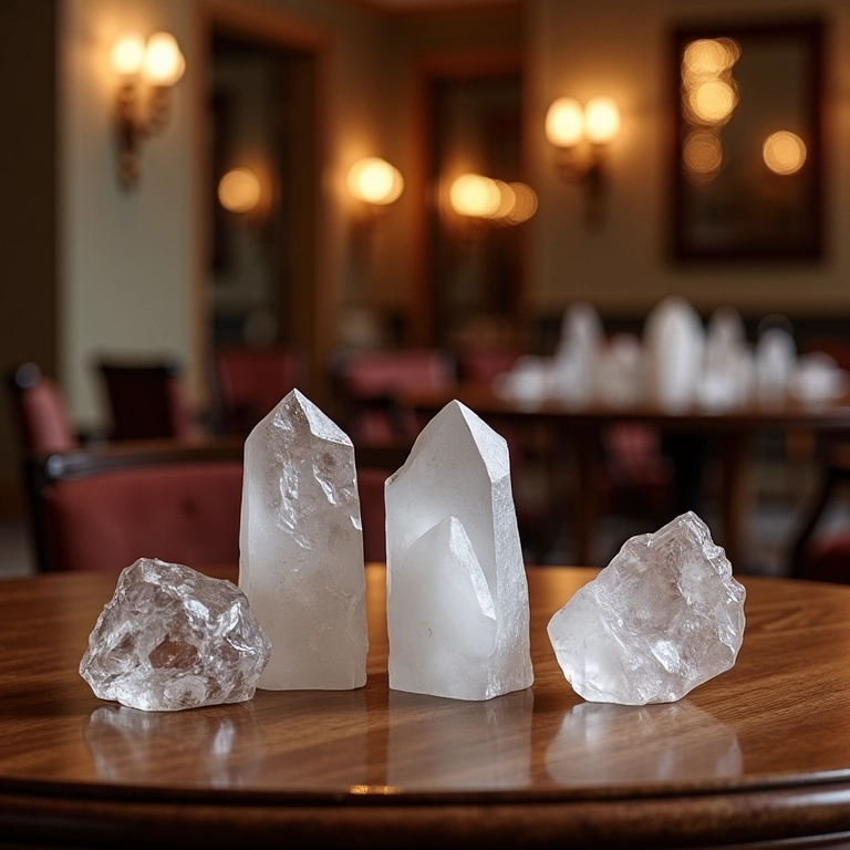 Sala de jantar com objetos de cristal em exibição.