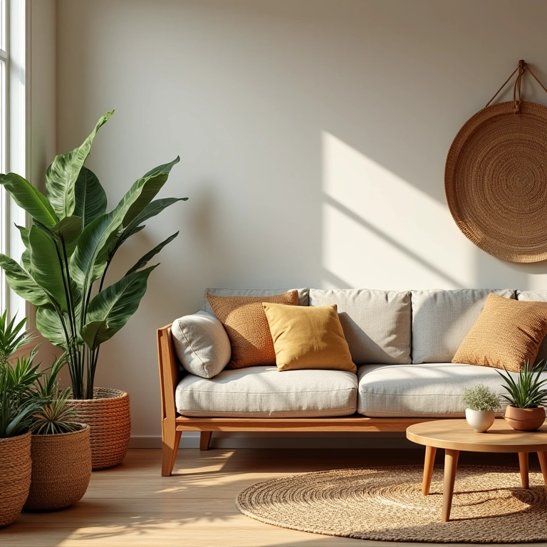 Sala decorada com materiais naturais: madeira, cestos e plantas.