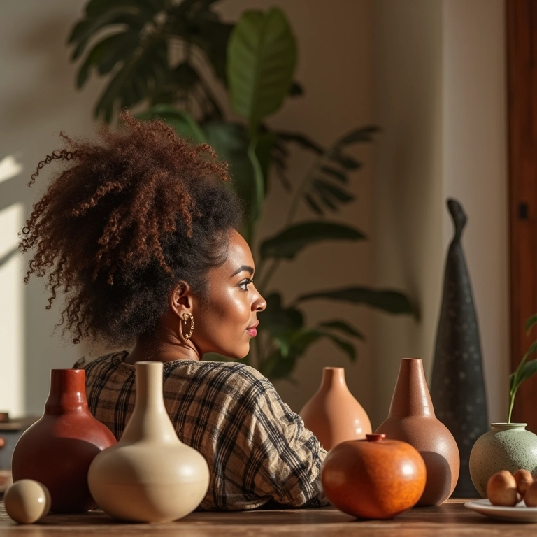 Sala decorada com objetos de formas orgânicas. Mulher cacheada admirando a decoração.