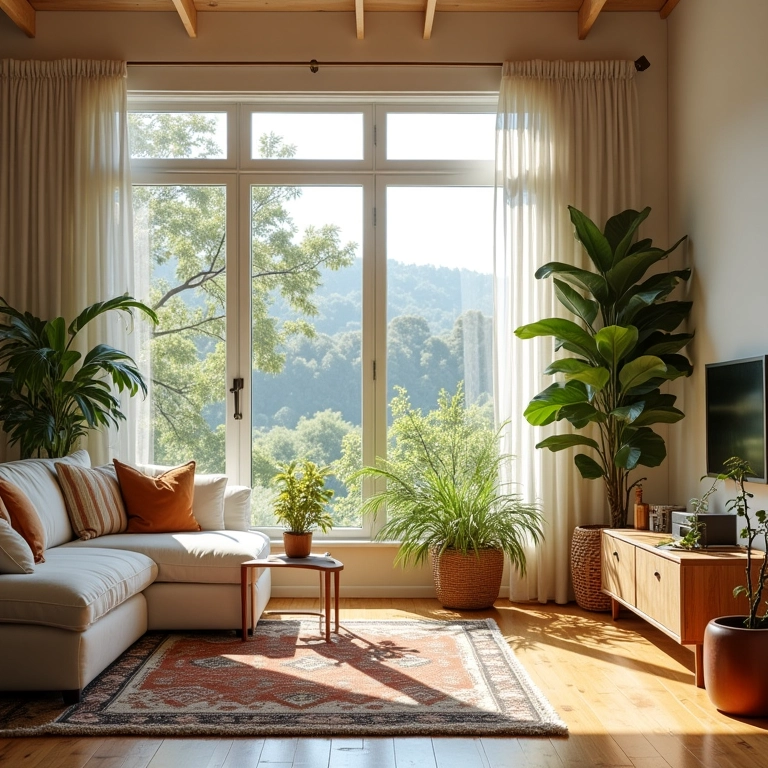 Sala iluminada com janelas grandes e ventilação natural.